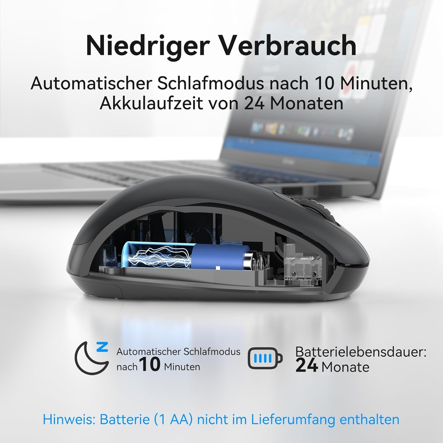 Thumbnail 5 de TECKNET Kabellose Maus „Leise Funkmaus 2,4 GHz“ mit USB-Empfänger (1600 DPI), grau