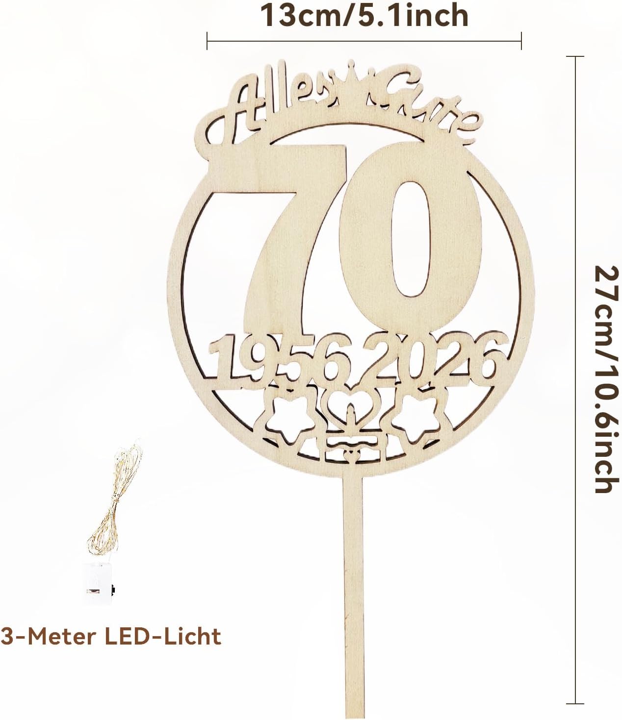 Thumbnail 1 de Tortendeko 70. Geburtstag Frau & Mann: Holz-Tortenaufleger mit LED-Lichterkette 1956 bis 2026 (Seutgjie)