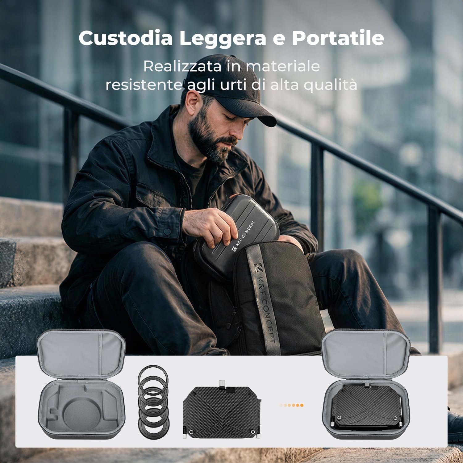 Detalle de K&F CONCEPT Mini Matte Box con 2 Portafiltri 4”x5,65” e Alette in fibra di carbonio per DSLR/Mirrorless – 5 anelli adattatori inclusi