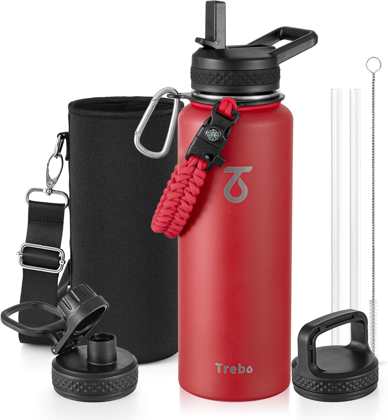 Detalle de Trebo Borraccia Termica 1183 ml con Cannuccia e Paracord – Acciaio Inox, tre coperchi, bocca larga, rosso