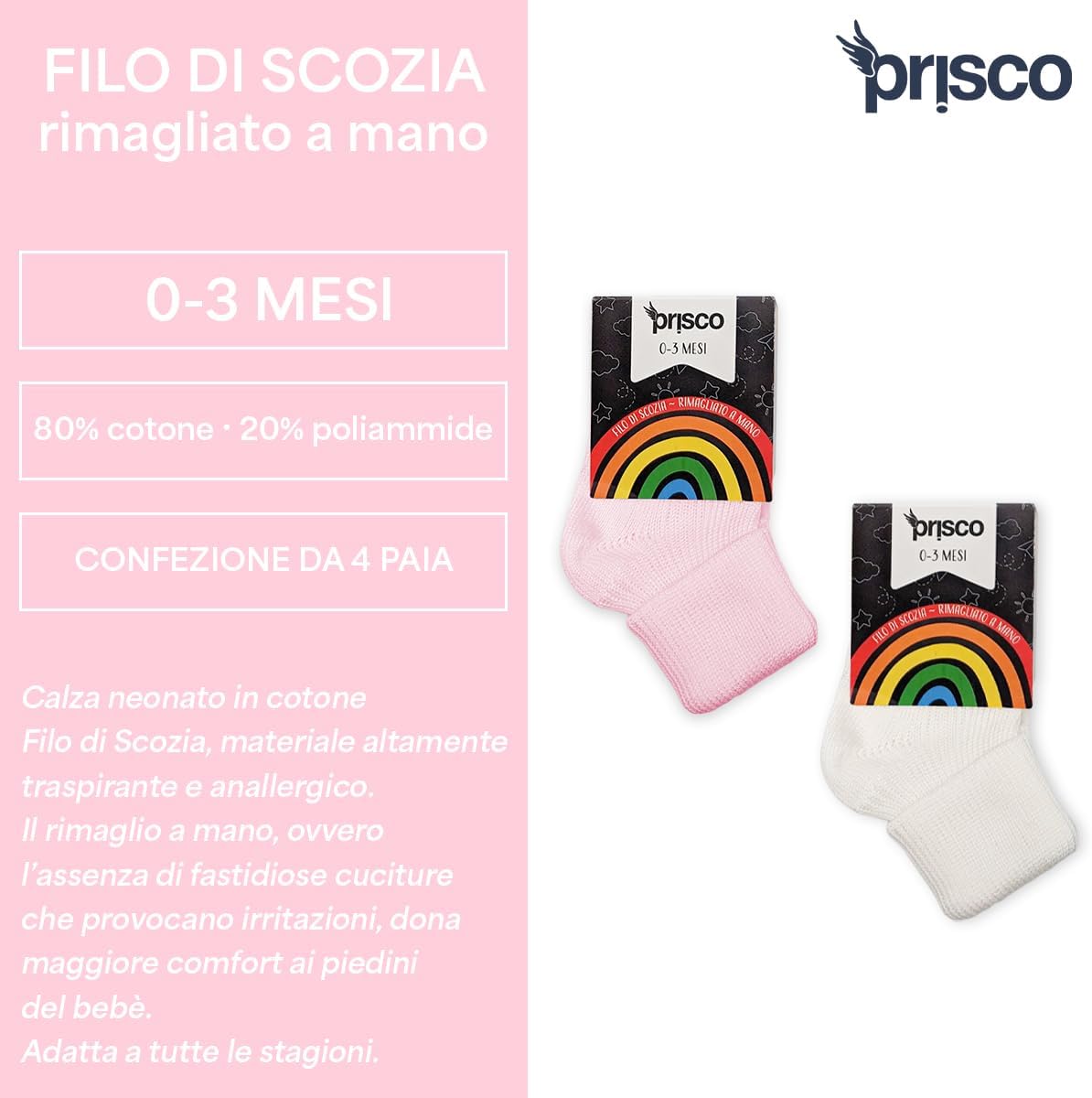 Thumbnail 1 de Prisco Calzini Neonato 0-3 Mesi in Cotone Filo di Scozia — 4 Paia, Made in Prisco