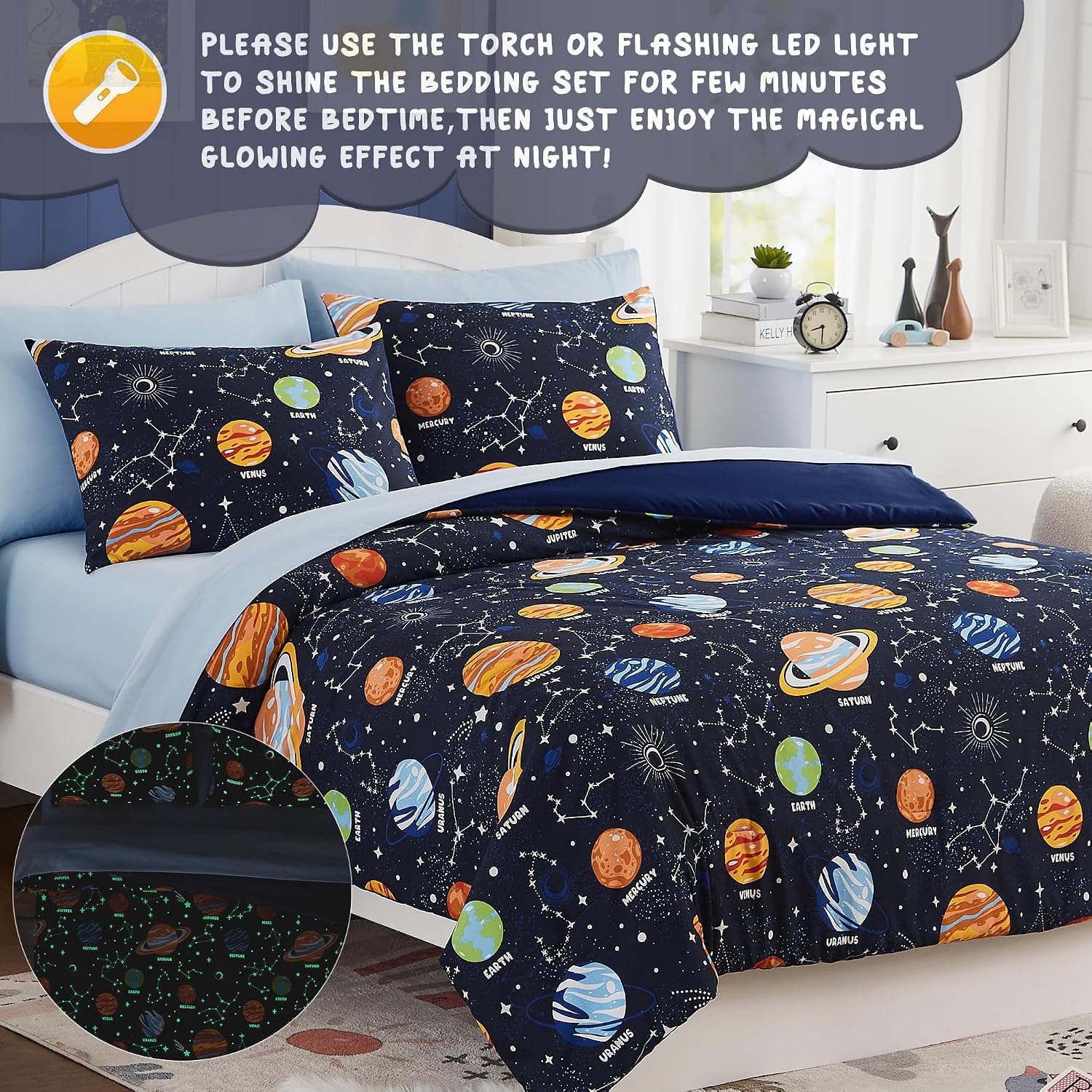 Thumbnail 3 de Full Kids Comforter Set - Glow-in-the-Dark Space 7-Piece Bedding for Boys