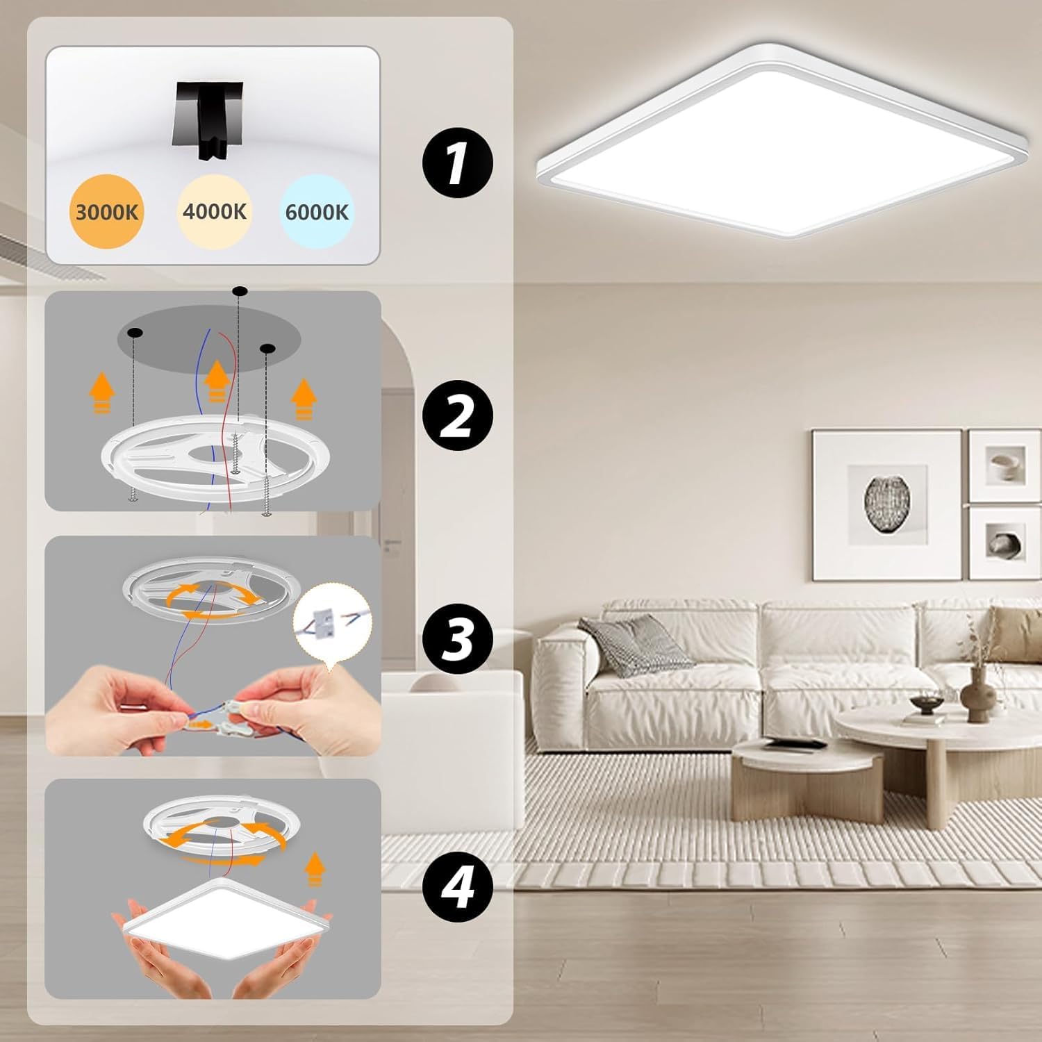 Detalle de Rravdst 29CM LED Ceiling Light 24W 3200LM, 3000K/4500K/6000K, IP54 Waterproof, Modern Square Design – 1Pack
