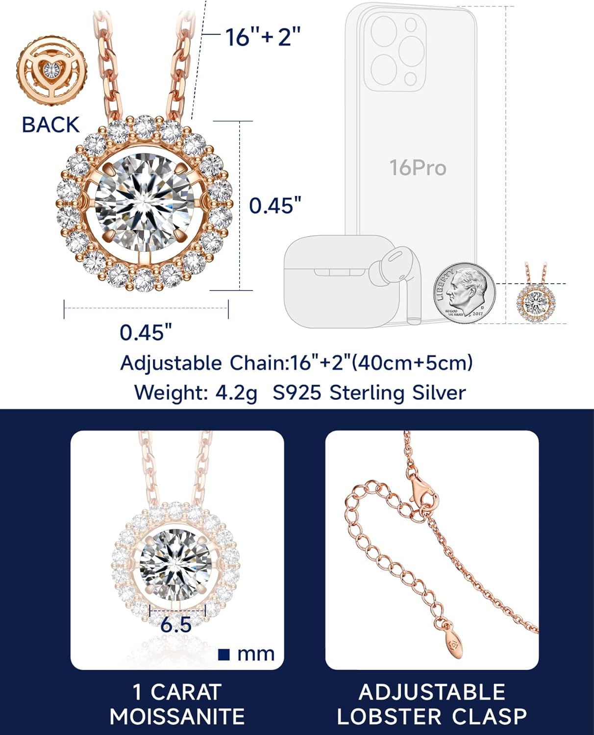 Thumbnail 6 de MomentWish Collier Femme Pendentif Moissanite Dansant – 0,5/1 Carat, Argent 925, Serti Halo
