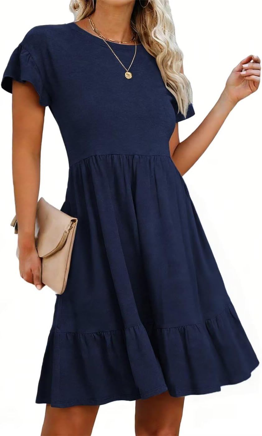 Detalle de LEEDYA Summer Dress for Women – Crew Neck A-Line Midi with Pockets