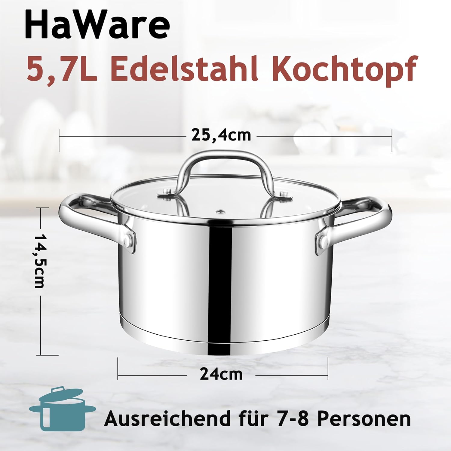 Detalle de HaWare Kochtopf 24 cm aus Edelstahl – induktionsgeeignet, 5,7 L, Glasdeckel