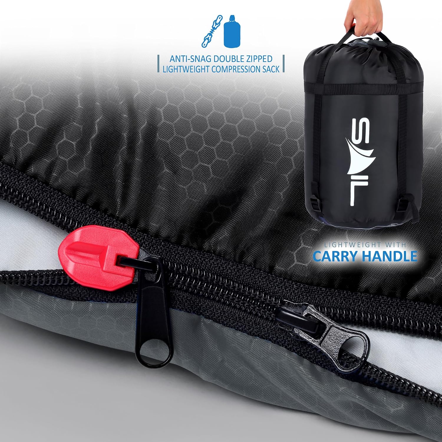 Detalle de SAIL XL Extra Wide Big & Tall Sleeping Bag (3–4 Season, Waterproof) – Lightweight 1.6kg–2.7kg