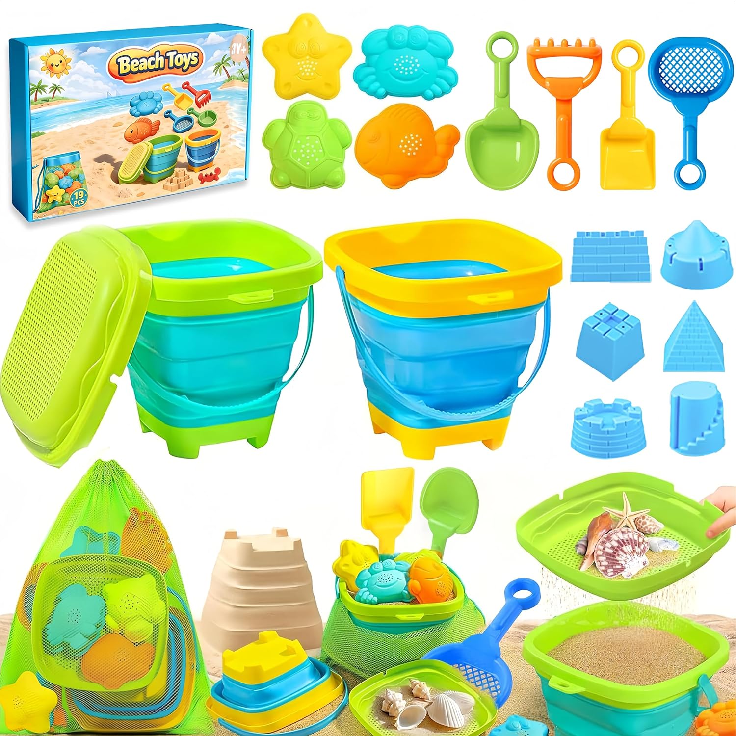 Detalle de FLEXTRIX Sandspielzeug-Set (19-teilig) mit faltbaren Eimern, Sieb und Strandformen – Strand- & Reisespielzeug ab 3 Jahren