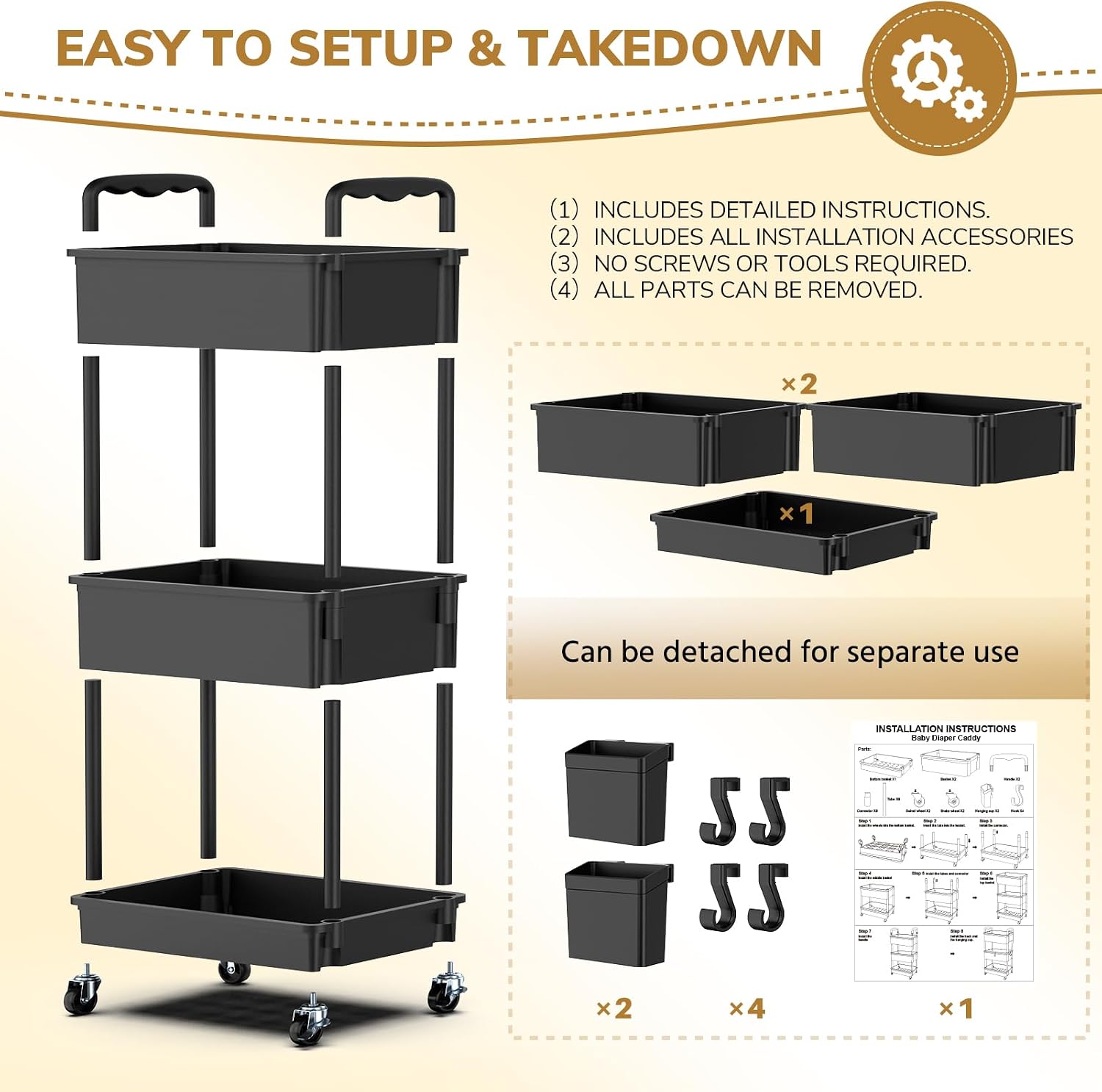 Detalle 2 de Goovilla 3-Tier Diaper Cart with Locking Wheels, Black Plastic Organizer