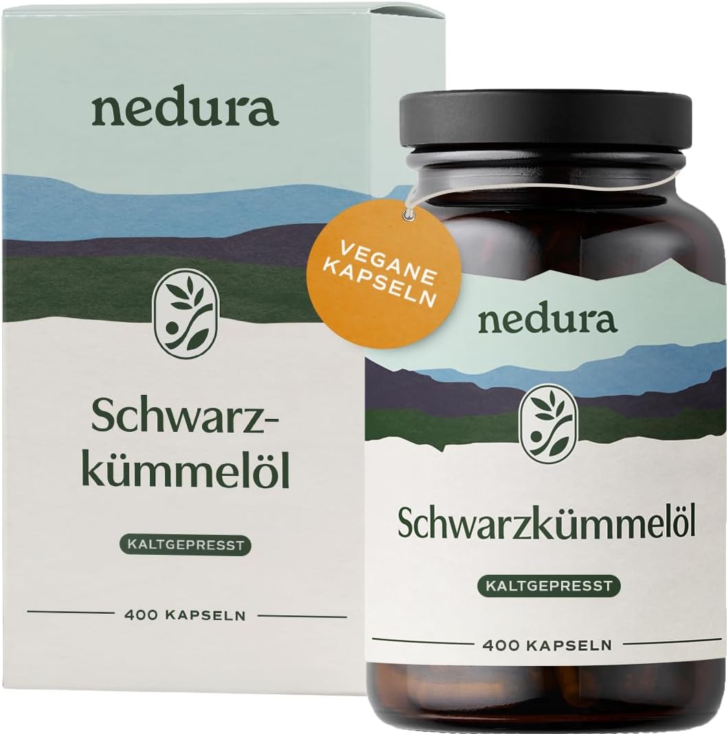 Detalle de nedura® Schwarzkümmelöl Kapseln (400 Stück) – kaltgepresst, gefiltert, 1.000 mg Tagesdosis in veganer Kapselhülle