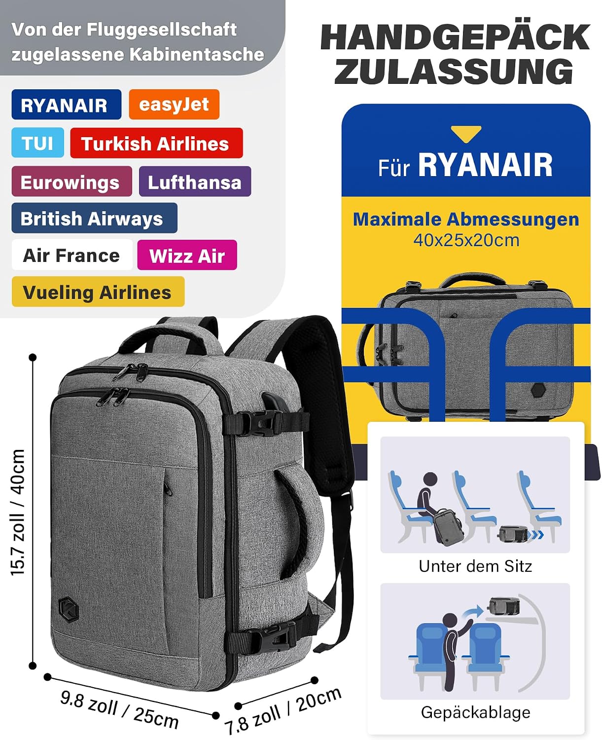 Detalle de VANKEV Handgepäck-Rucksack 40x20x25 für Ryanair