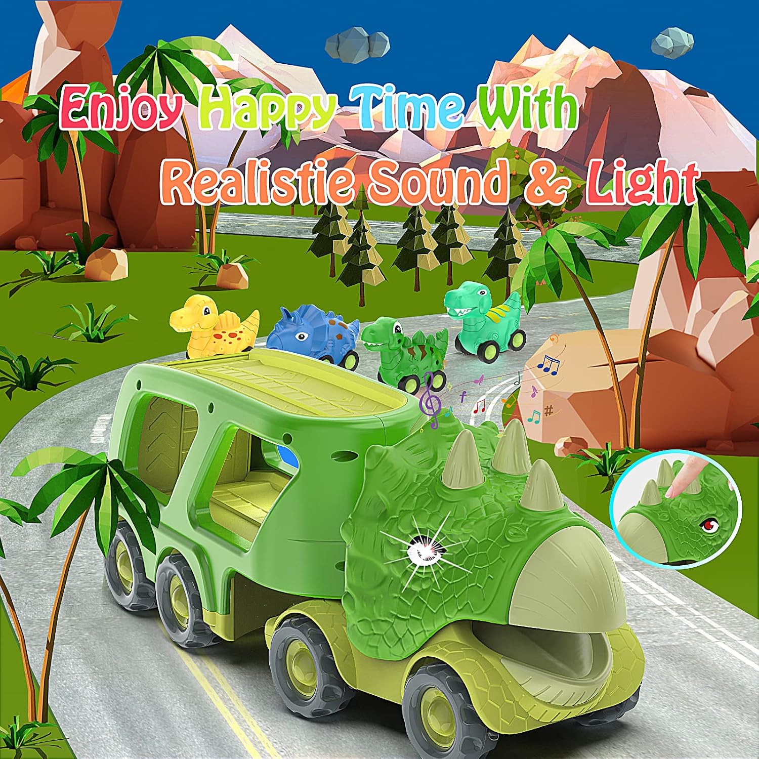 Detalle 2 de Veslier XTC103 Dinosaur Truck Toy with 4 Pull-Back Cars, Lights and Sounds