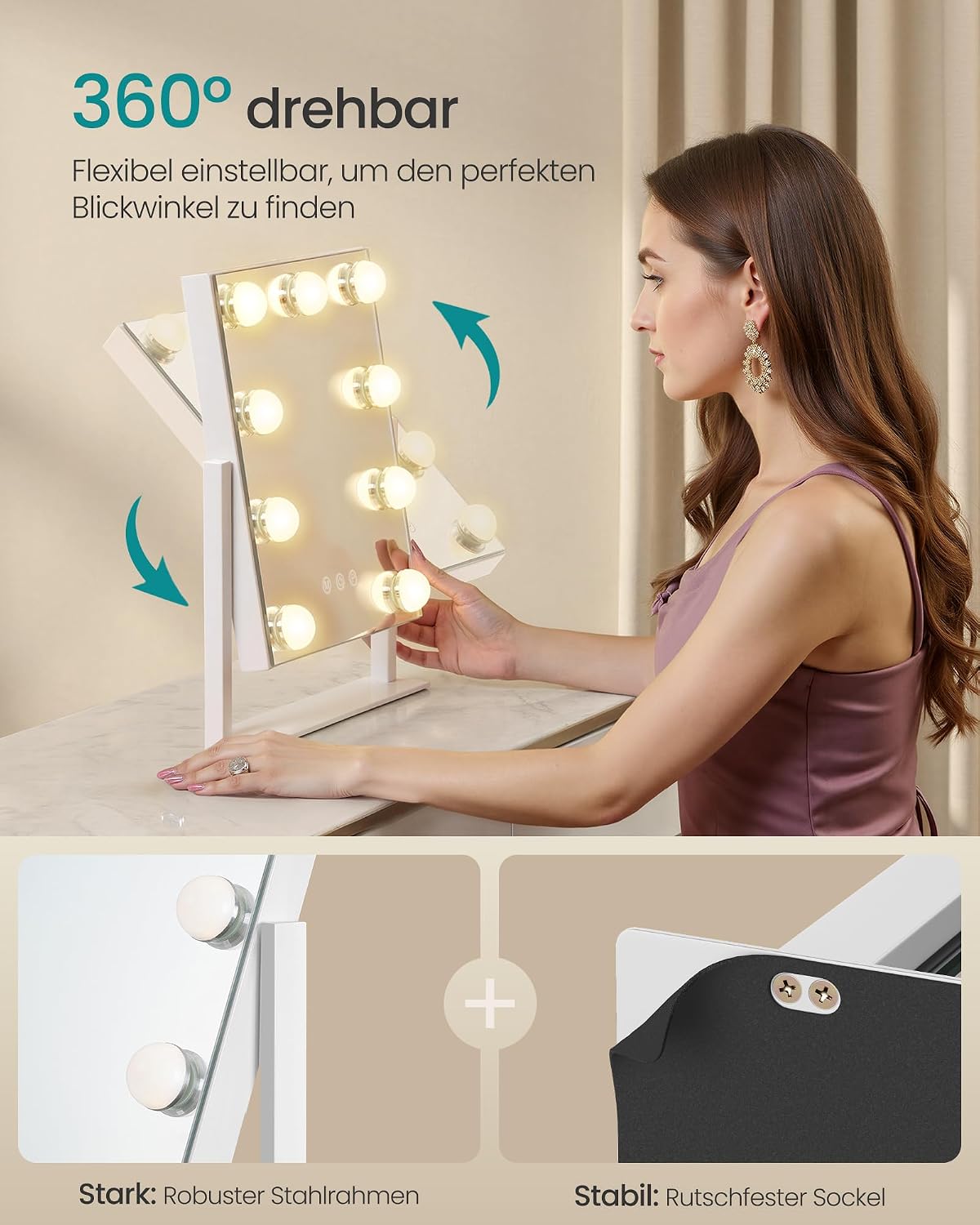 Thumbnail 3 de SONGMICS Schminkspiegel mit Beleuchtung LWM005WC02 – 25 x 30 cm, 9 LED, 3 Lichtfarben, dimmbar, Touch-Steuerung