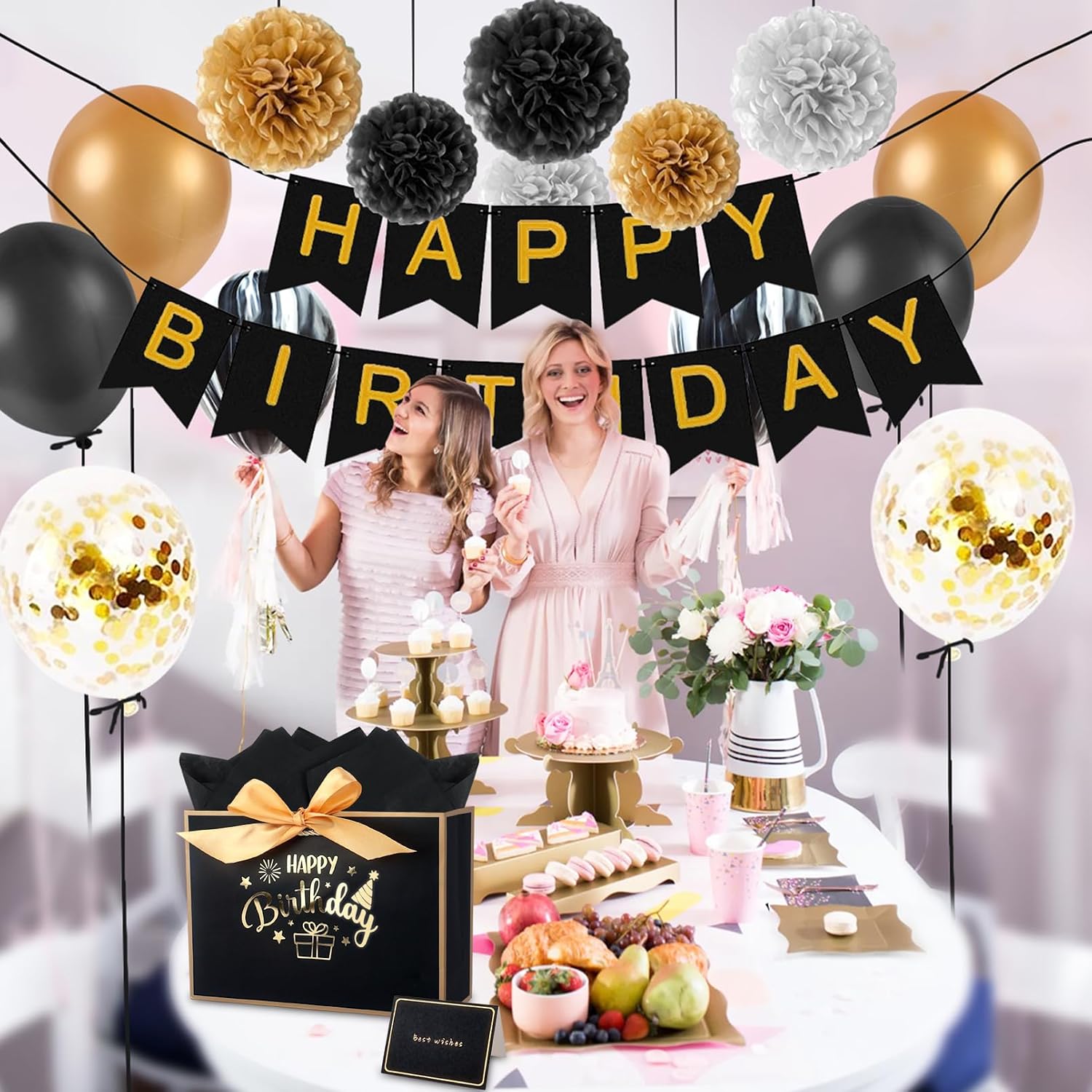 Detalle de Black and Gold Birthday Gift Bag 11.0 × 8.0 × 4.0 inches – Happy Birthday Bag with Ribbons, 3 Tissue Papers & Card