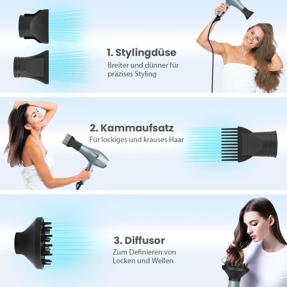 Thumbnail 4 de Profi Föhn Ionen Fön Haartrockner mit Diffusor & Stylingdüsen – 3 Heiz- und 2 Geschwindigkeitsstufen (blau)