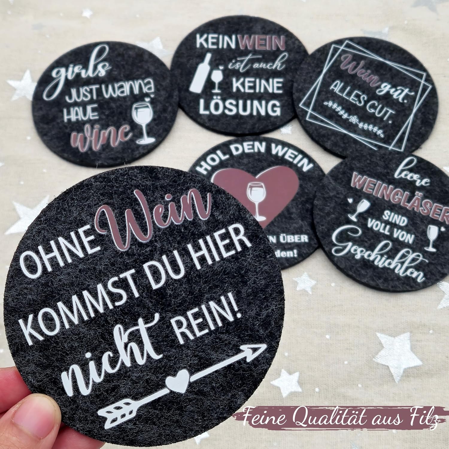 Detalle 2 de Filz-Untersetzer mit lustigen Sprüchen – 6er Set