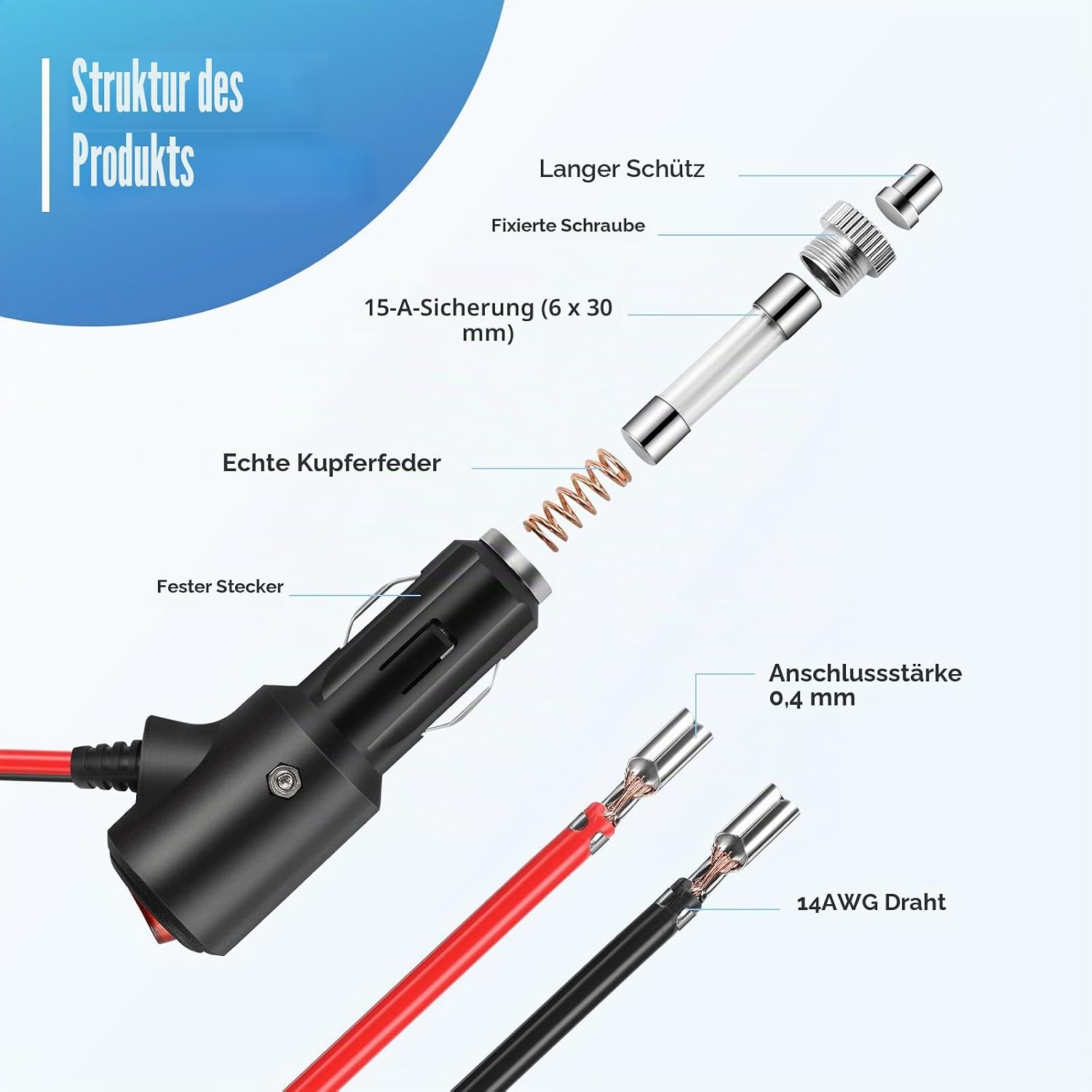 Thumbnail 1 de Thlevel Zigarettenanzünder Verlängerungskabel 55 cm 14AWG mit Schalter & 15A Sicherung – 2er-Set