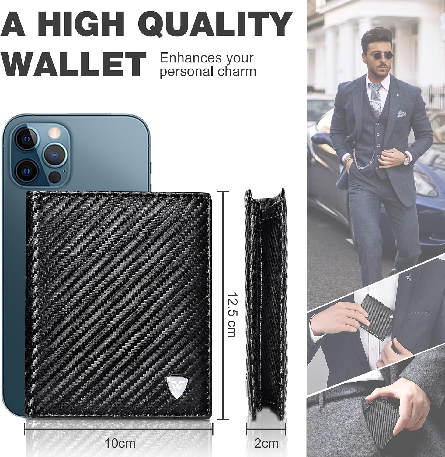 Detalle de Portafoglio trifold RFID da uomo in fibra di carbonio con 11 scomparti e chiusura a zip