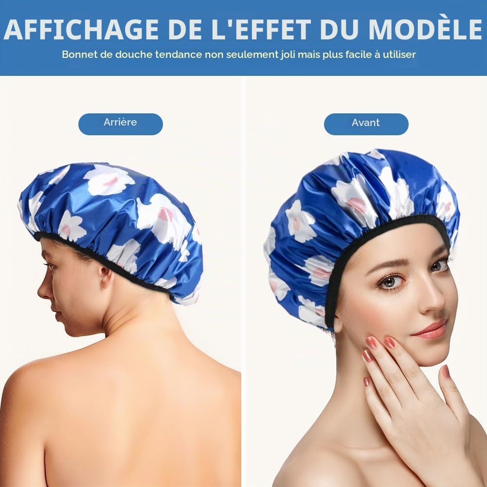 Detalle de AOGOE extra brede drielaagse waterdichte douchemuts voor lang haar, blauw bloemenpatroon