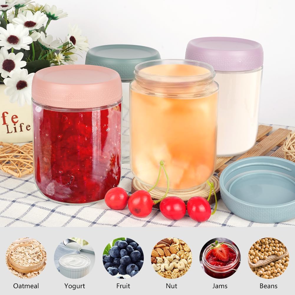 Detalle de Aolso Contenitori Alimentari: 4 Vasetti in Vetro da 480 ml, colorati e lavastoviglie/Freezer/Microonde