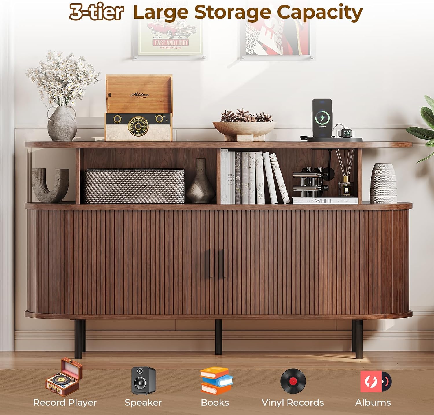 Thumbnail 2 de Lefurture TV-145-LFT Record Player Cabinet, 55-Inch Walnut Vinyl Storage