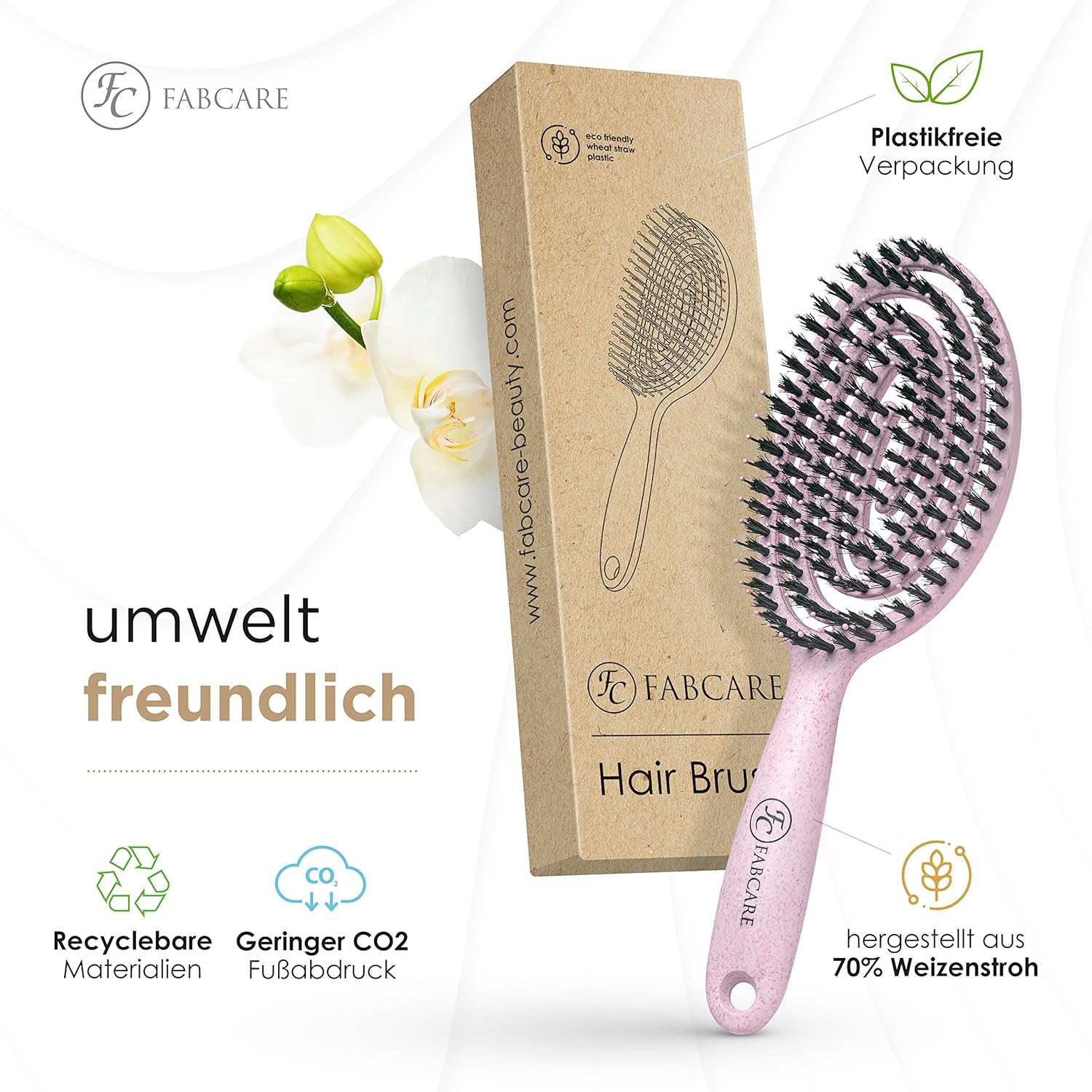 Thumbnail 3 de FABCARE Bio Haarbürste mit Wildschweinborsten rund (Rosa) – Detangler-Bürste mit Doppelspiralfeder inkl. E-Book