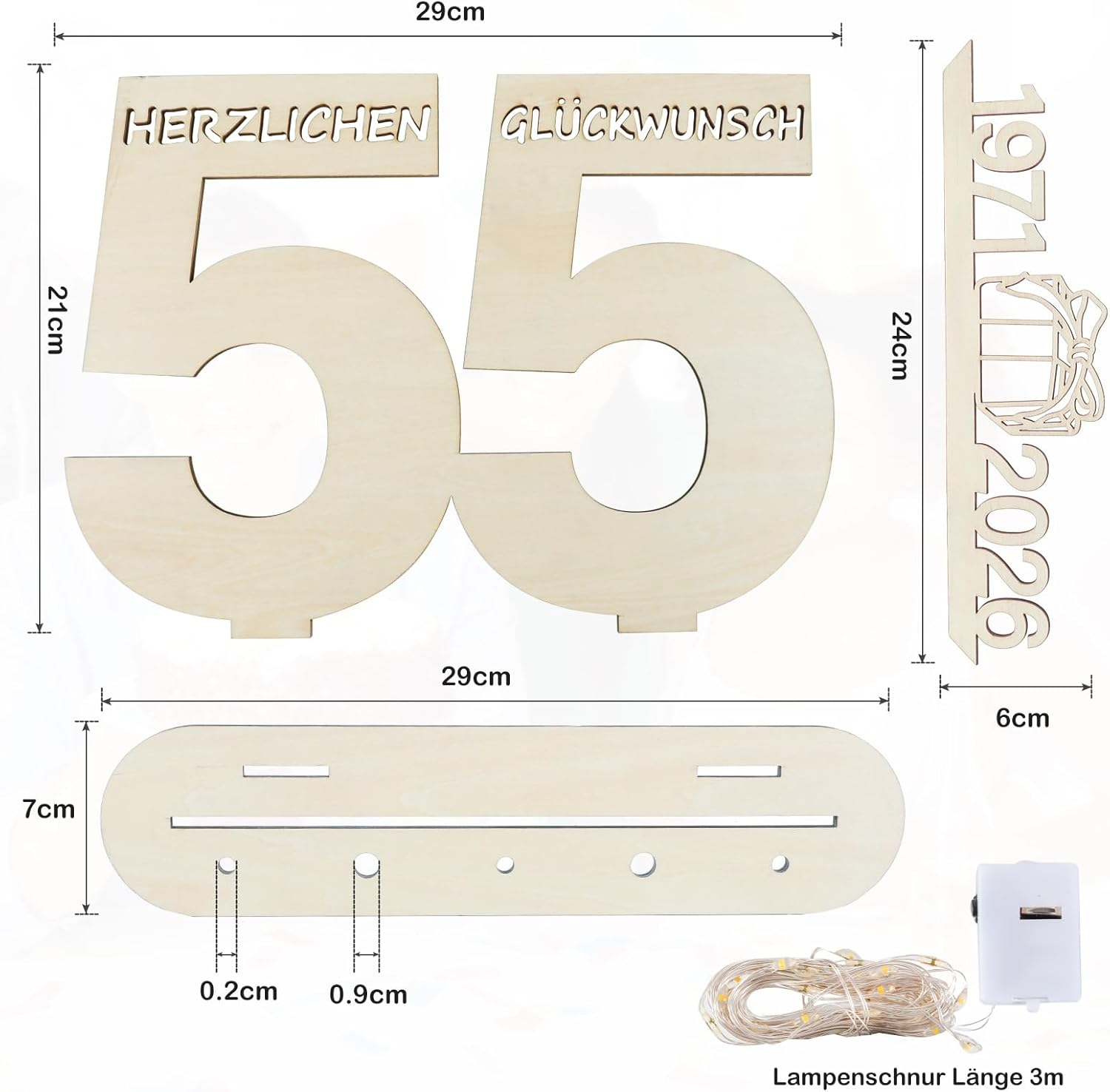 Thumbnail 1 de Seutgjie Geschenk zum 55. Geburtstag mit LED-Lichterkette, Holz-Schild & Geldgeschenk (29x21 cm)