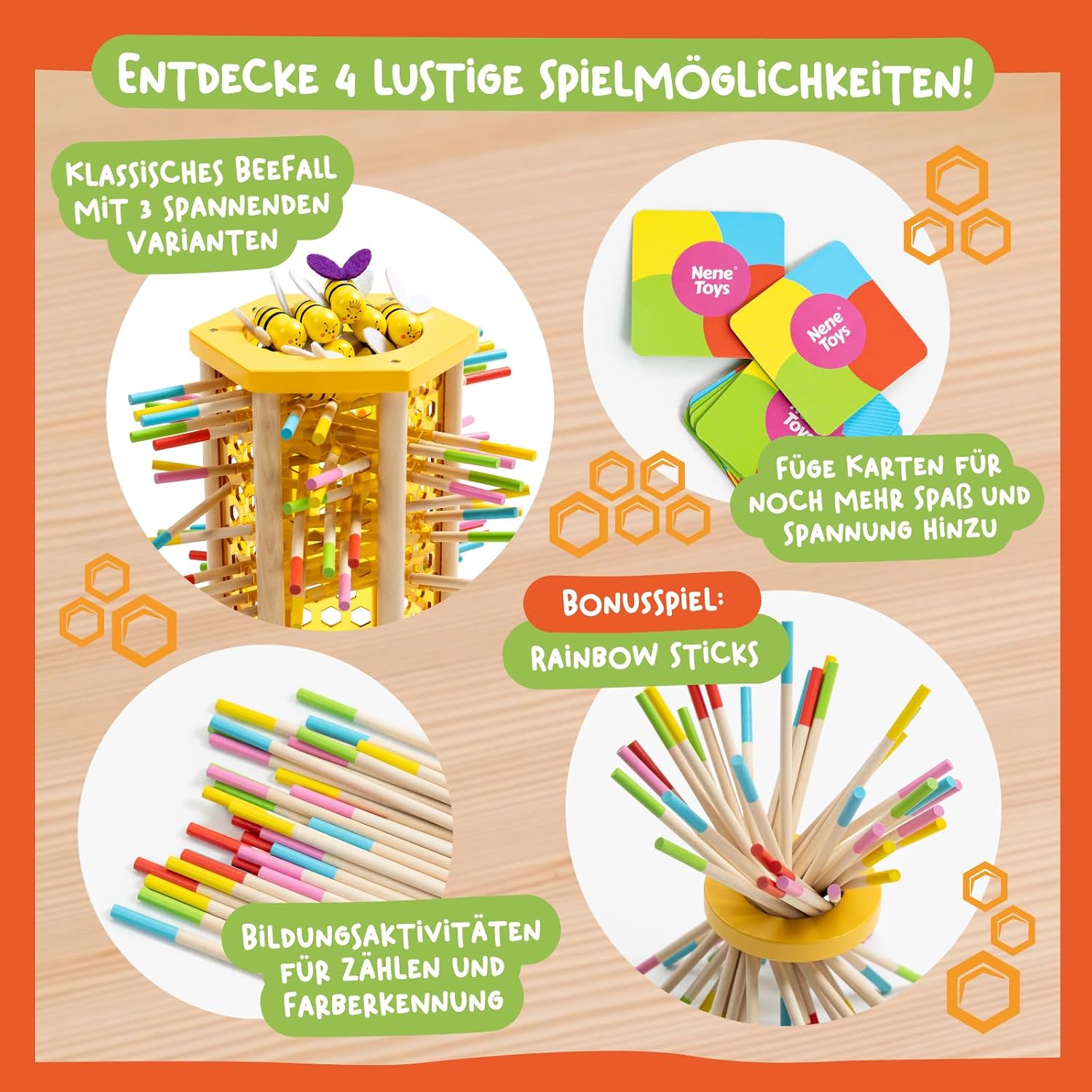 Detalle de Nene Toys BEEFALL Groß Lernspiel 4‑in‑1 für Kinder 🎲