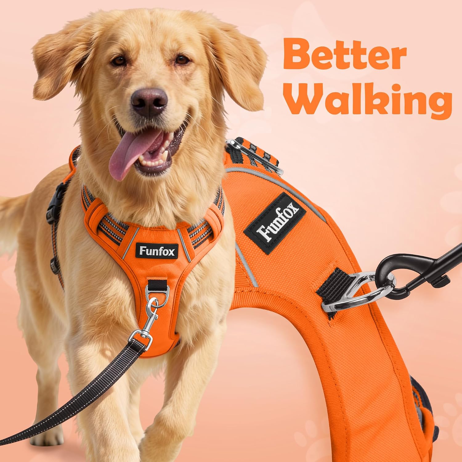 Detalle de Funfox Dog Harness Small (Orange S) – no-pull puppy dog harness with vertical handle, reflective strips