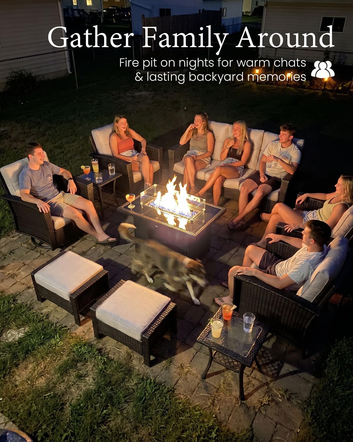 Detalle de LayinSun KC7008 10-Piece Wicker Patio Set with Fire Pit and 360° Swivel Chairs