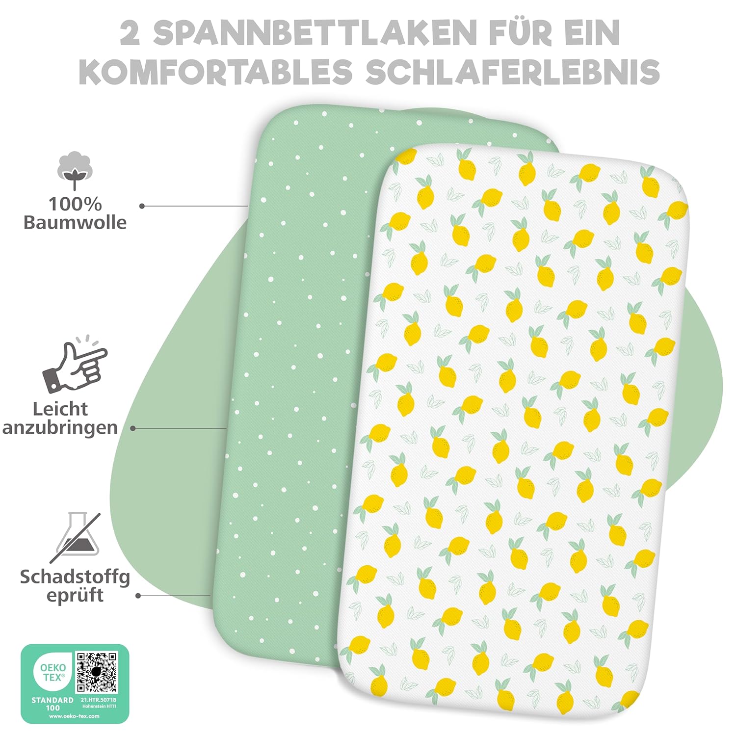 Thumbnail 2 de Sweety Fox 3‑teiliges Minikuna-Set: 2x Baumwoll-Spannbettlaken und 1x wasserdichter Matratzenschutz, 50x83 cm, Zitrone