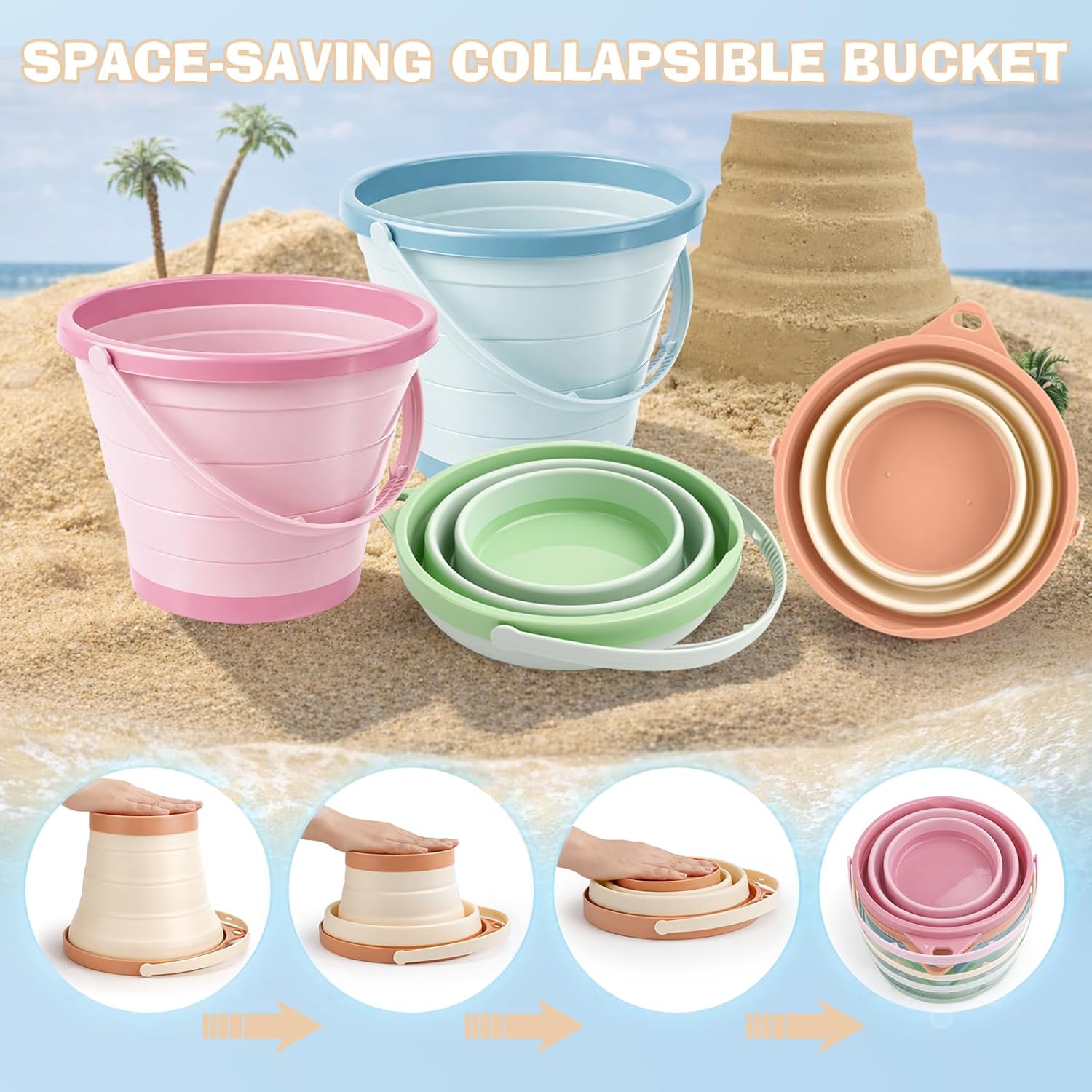 Thumbnail 2 de Dreamon Beach Toys – 13PCS Bucket and Spade Set for Kids with 4 Collapsible Buckets, 8 Spades and Mesh Bag