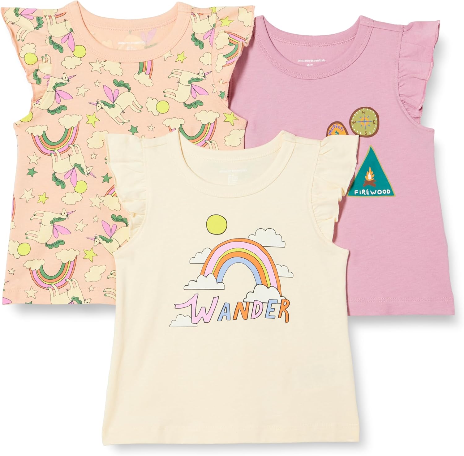Detalle de Amazon Essentials Girls' Sleeveless Ruffle T-Shirt, Pack of 3