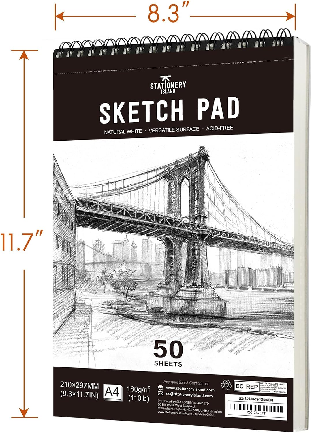 Detalle de STATIONERY ISLAND Carnet de croquis A4 180 g/m² à spirale (100 pages/50 feuilles)