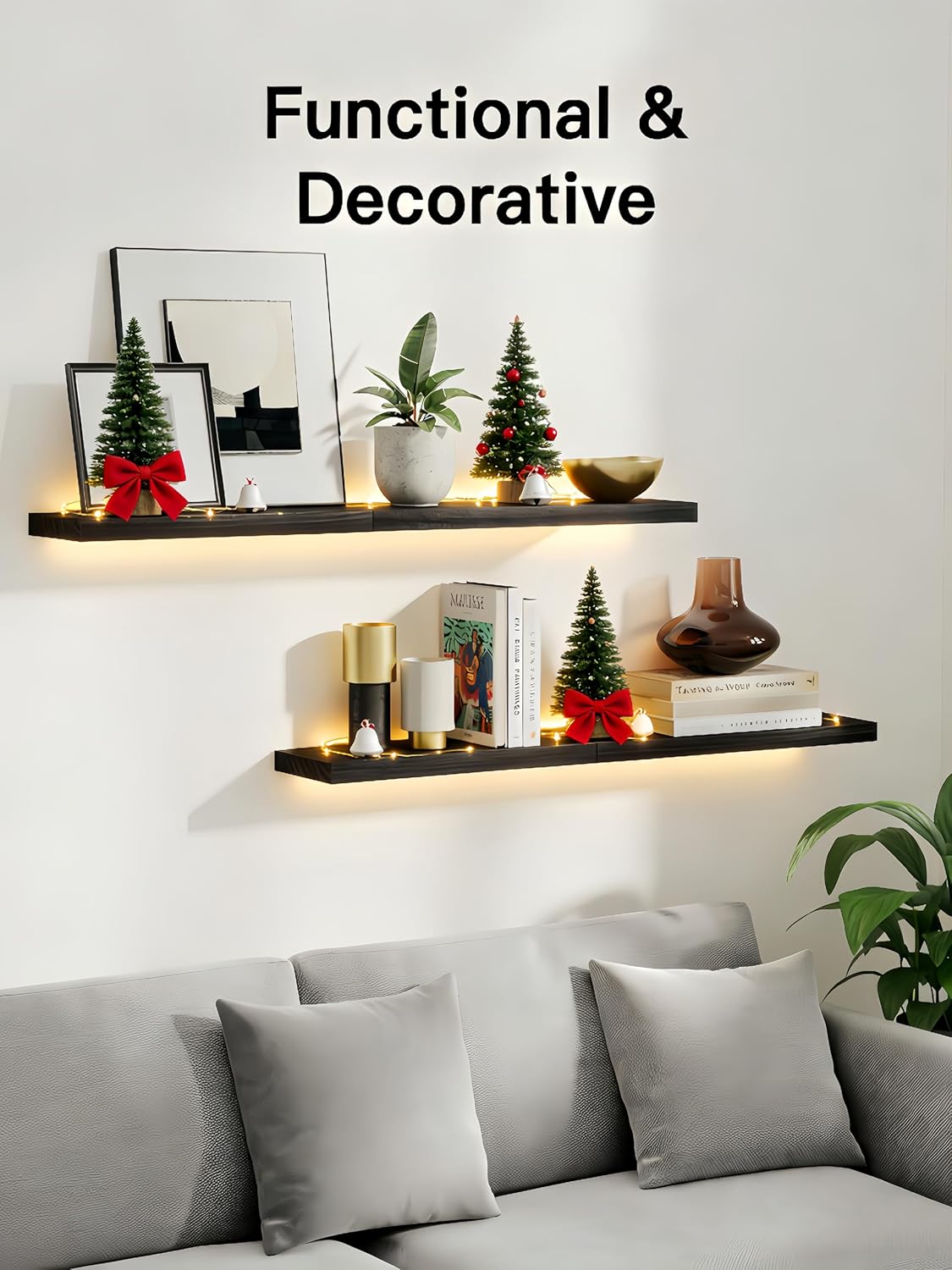 Detalle de AMADA HOMEFURNISHING AMFS40B Floating Wall Shelves, Black Paulownia Wood, Set of 4