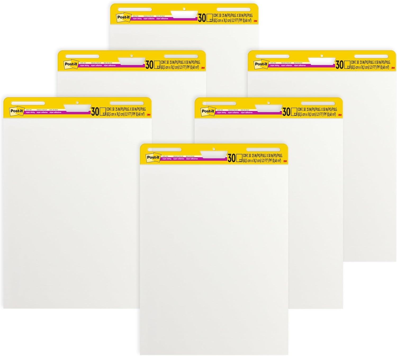 Post-it Super Sticky Meeting Charts – Pack Promo, 6 tableaux autocollants 635 x 762 mm (blanc) pour réunions et brainstorming