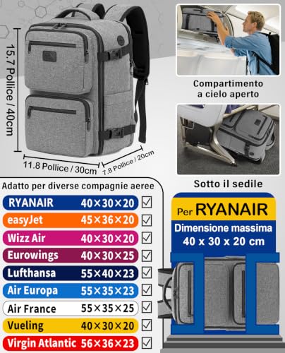 Detalle de LYNXCHER Zaino Ryanair 40x30x20 cm – 24L, Grigio, Scomparto Laptop 15,6'' con Apertura Rapida e Tasche Organizzate