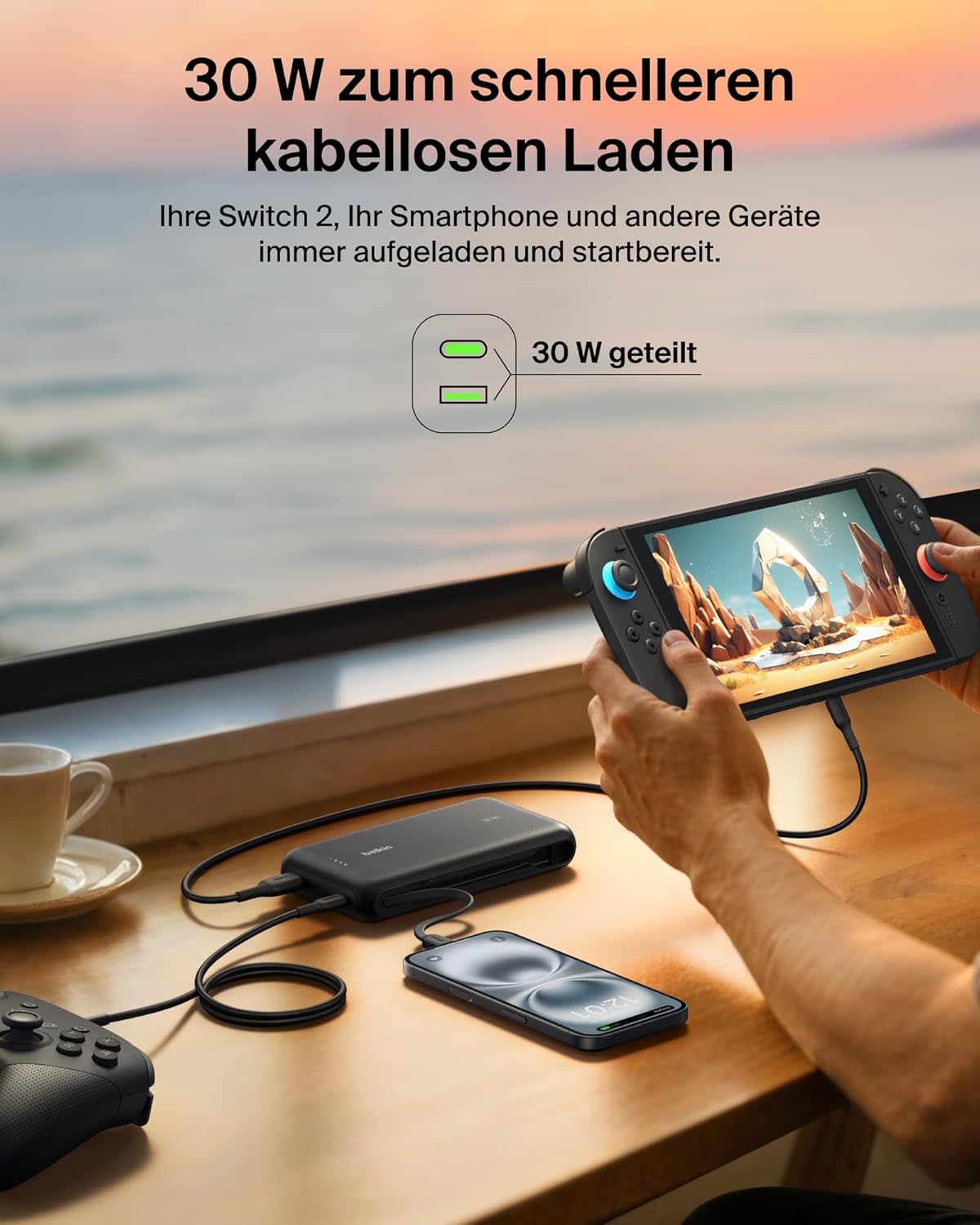 Thumbnail 2 de Belkin Gaming Powerbank 20.000 mAh mit integriertem USB‑C‑Kabel (30 W) – für Nintendo Switch 2 & Smartphones, Schwarz