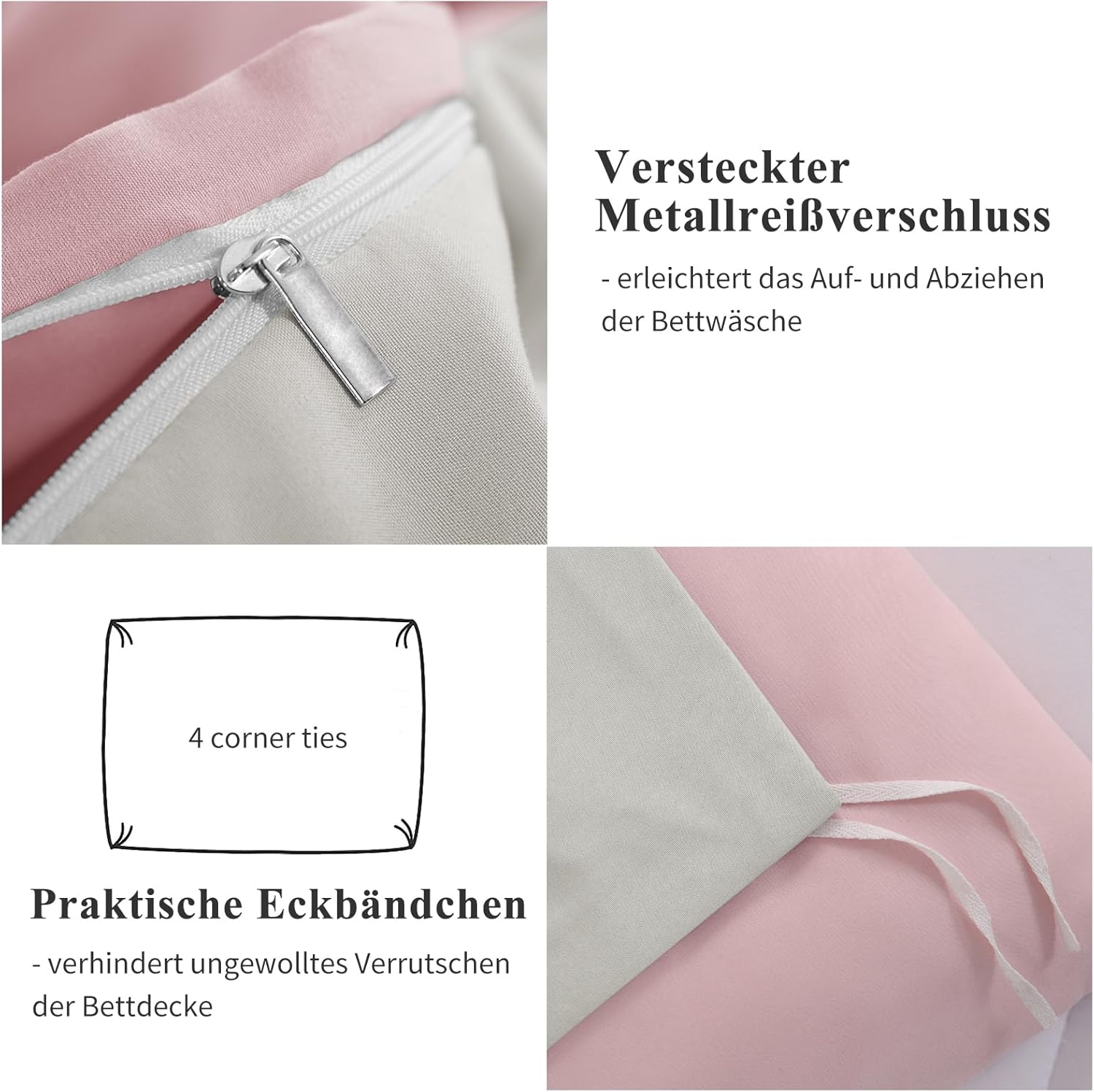 Thumbnail 6 de Aisbo Bettwäsche 200x200 (3-teilig) Rosa/Beige – Wendebettwäsche aus Mikrofaser mit Reißverschluss