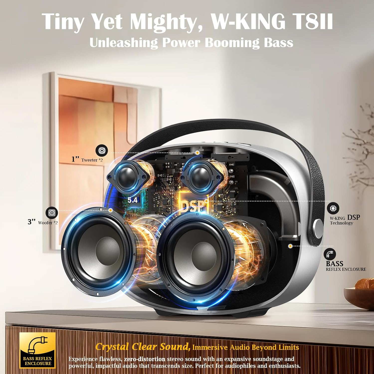 Detalle de W-KING T8II: Portable 96W Bluetooth Speaker with Deep Bass and True Stereo Pairing