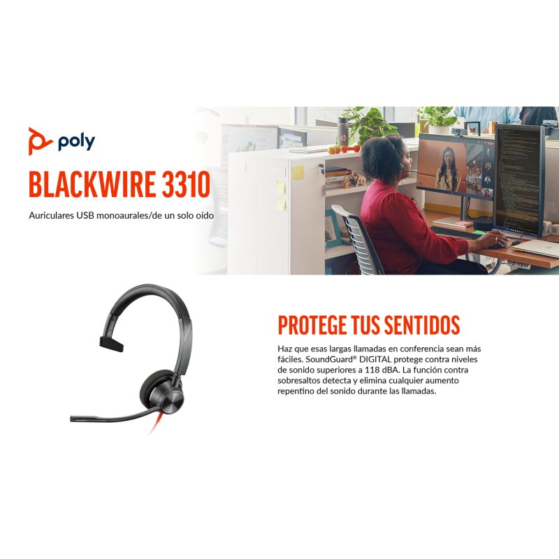Detalle 1 de Poly Blackwire 3310 Auriculares monoaurales USB-C + adaptador