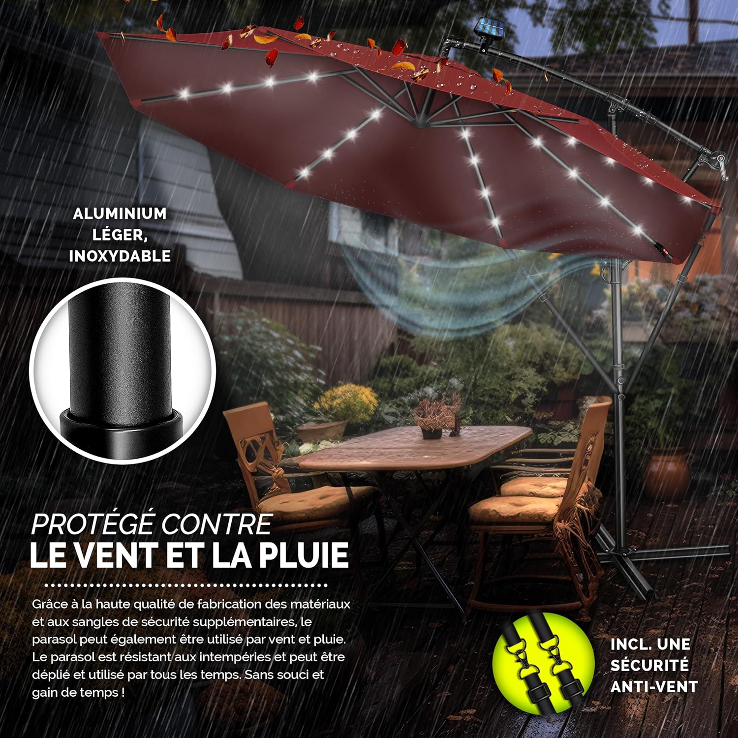 Thumbnail 3 de Tillvex Parasol déporté LED solaire hexagonal 3 m avec manivelle – ombre et lumière à utiliser dehors