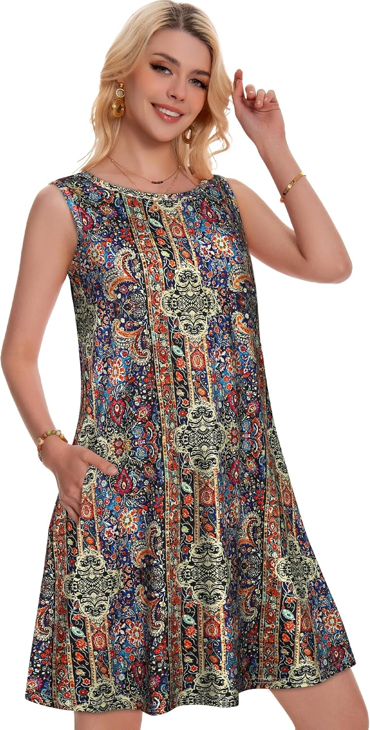 Detalle 2 de Summer Dresses for Women Beach Boho Sleeveless Vintage Floral Flowy Pocket Tshirt Tank Sundresses 2026