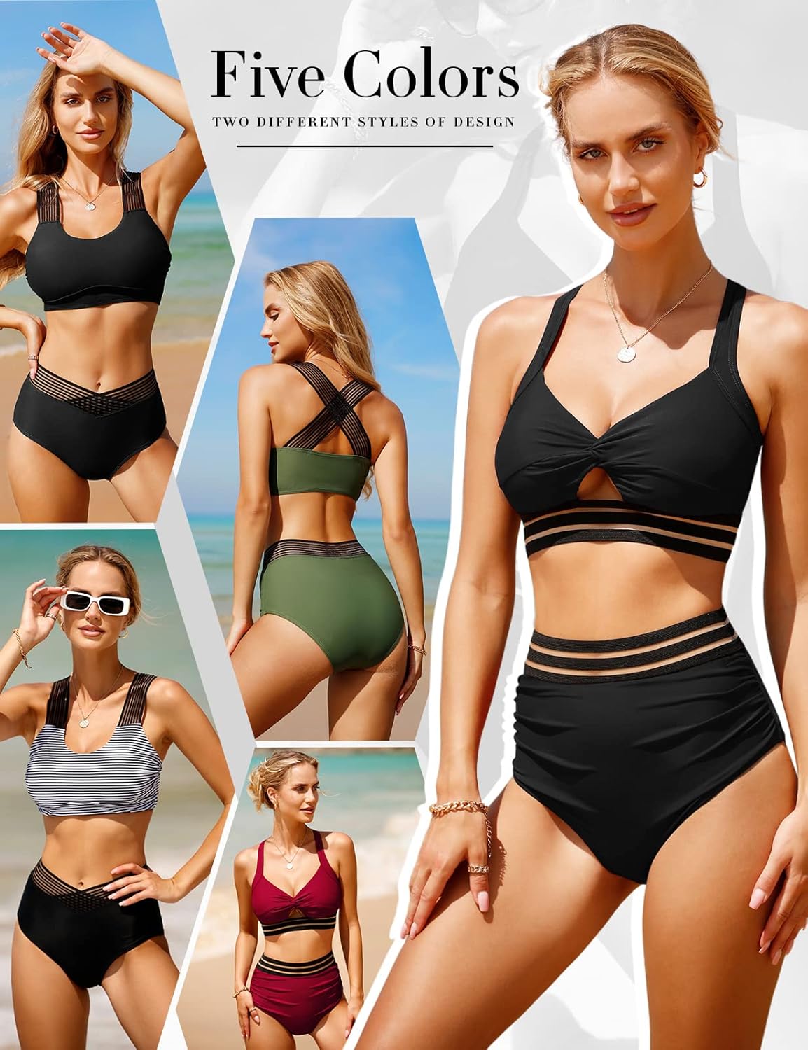Thumbnail 6 de Vancavoo set costume da bagno donna due pezzi vita alta con spalline incrociate