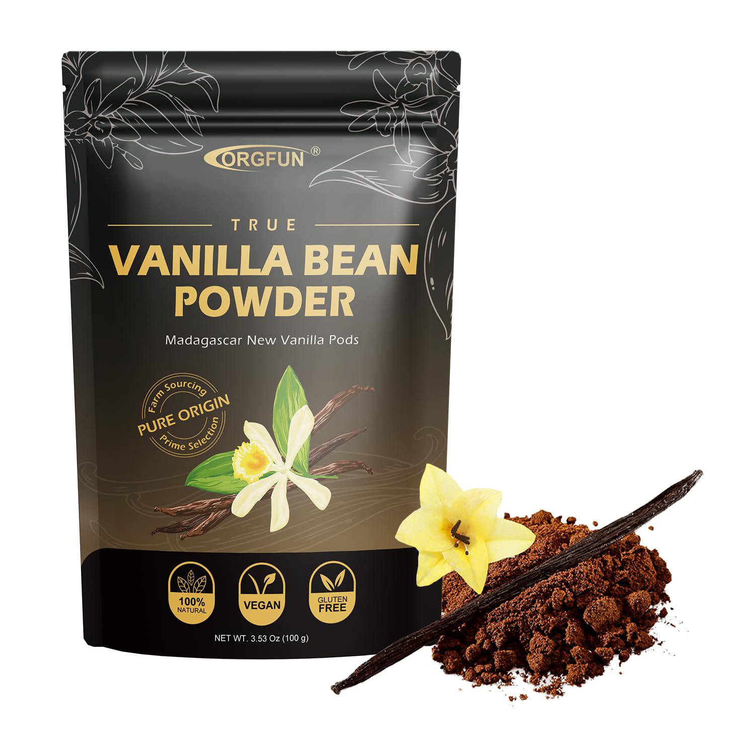 Detalle de ORGFUN Madagascar Vanilla Bean Powder, Pure Ground Vanilla, 3.53 oz