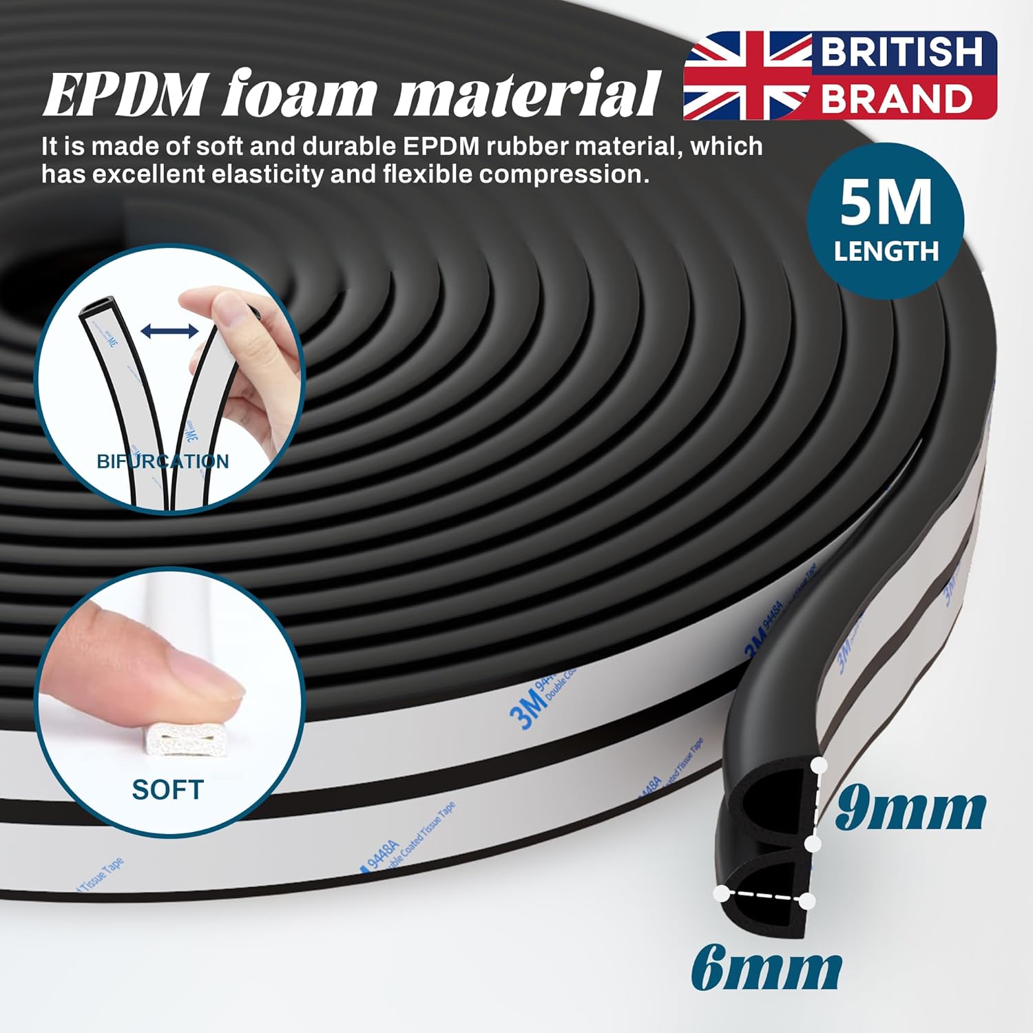 Detalle 2 de HNNHOME EPDM D-Shape Draft Excluder for Windows & Doors with 3M Self-Adhesive Tape