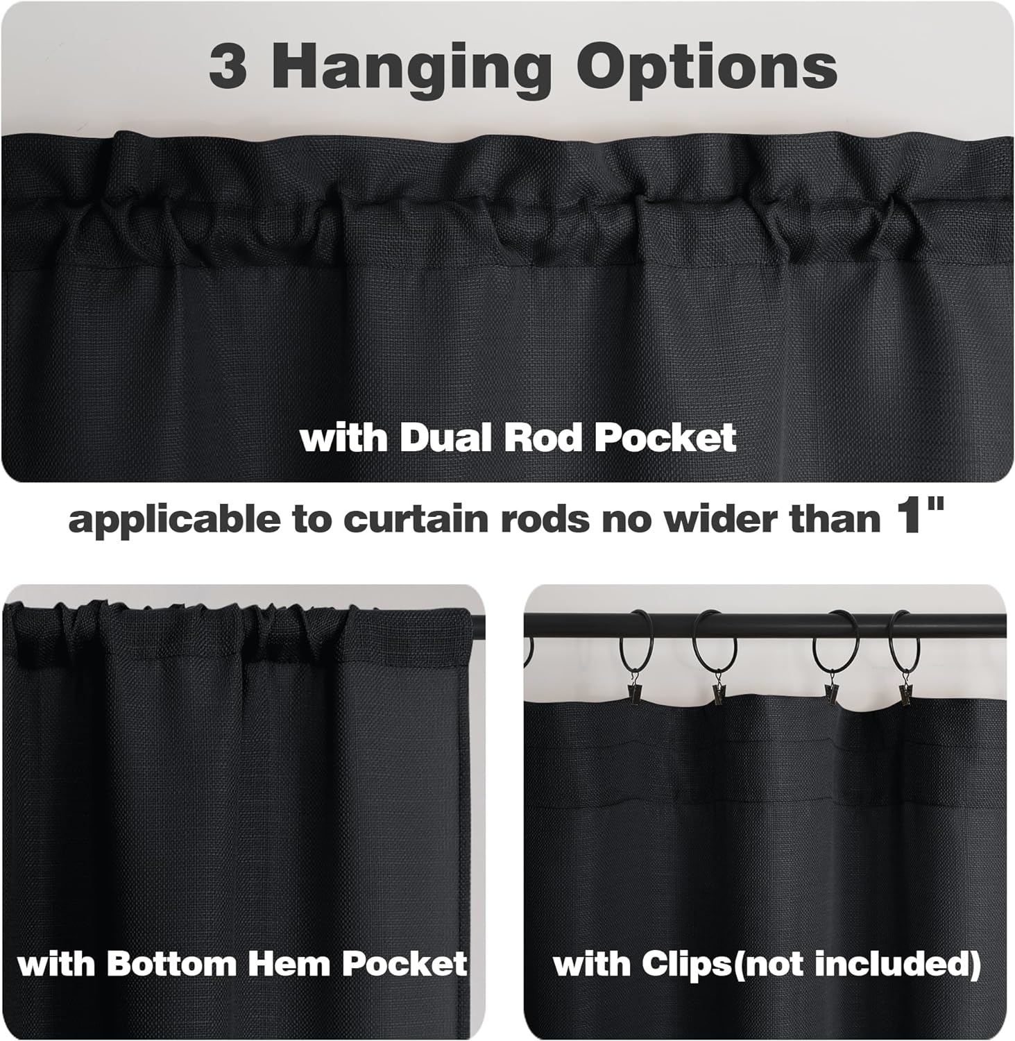 Thumbnail 4 de Chyhomenyc Black Faux Linen Light Filtering Curtains, 84 Inches Long (2 Panels)