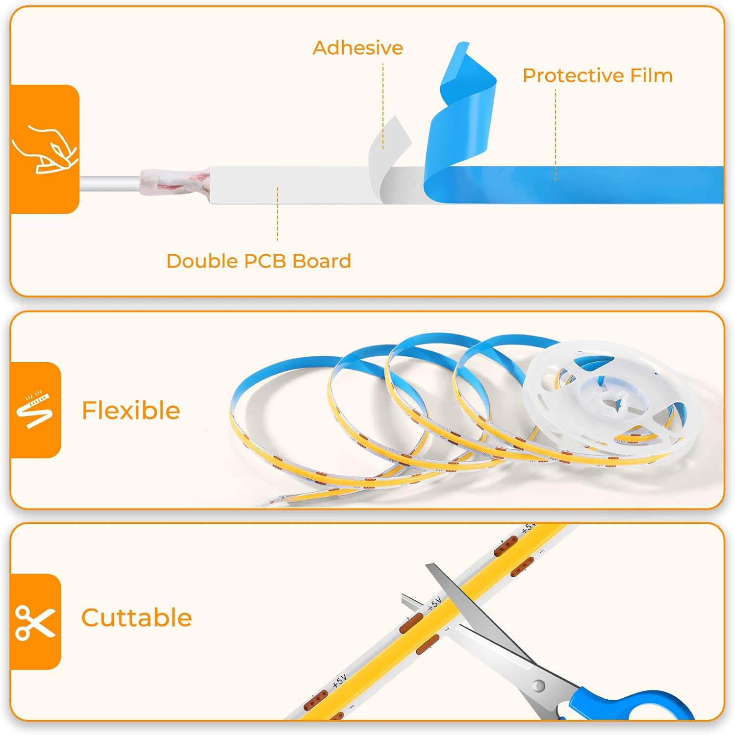 Thumbnail 2 de 3m 5V USB COB LED Streifen (8 mm), selbstklebend, CRI 92, punktlos – Naturweiß 4000K mit 1,5 m USB-Kabel