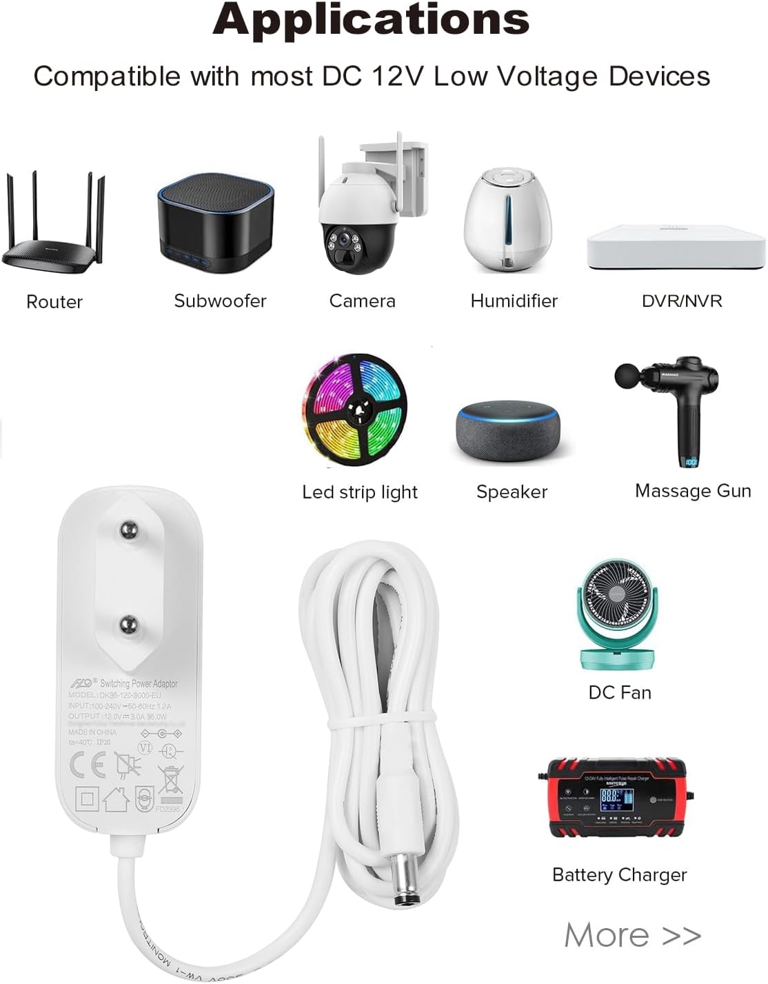 Thumbnail 2 de Tonton 12V-3A Netzteil (36W) mit 1,8 m Kabel, DC-Stecker 5,5 mm × 2,1 mm – für CCTV & Geräte mit 12V