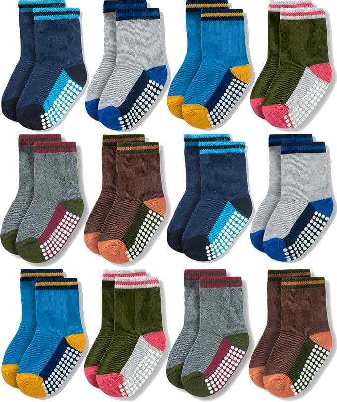 Baby Toddler Crew Socks, 12-Pack with Cotton Blend and Non-Slip Grips